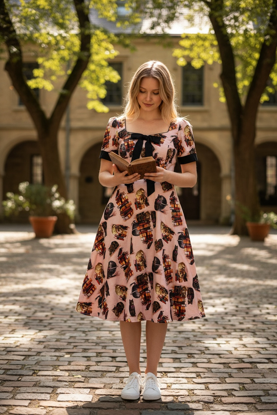 Voodoo Vixen Dress Small Retro Cats and Books Puff Sleeve Bow Pin Up